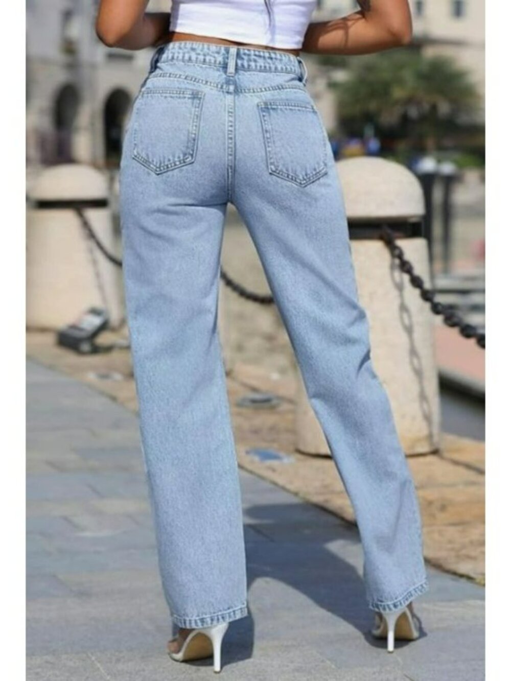 Studded Denim Jeans Rhinestone Details Size M High-Waisted Straight Leg - Picture 8 of 16